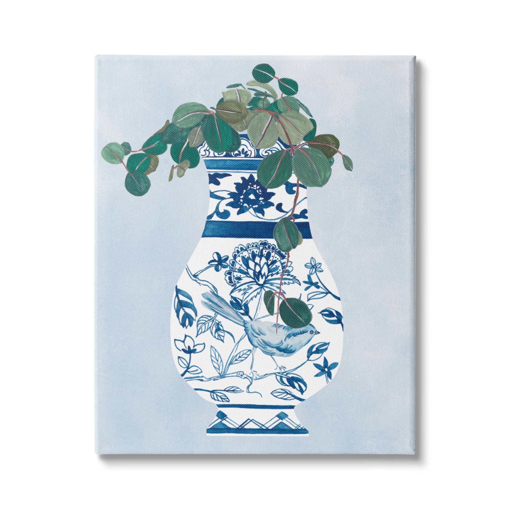 Stupell Industries Green Vine Plant Ornate Blue Bird Vase Canvas Wall Art